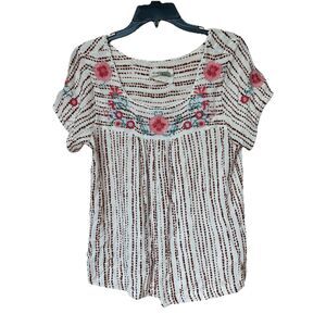Savanna Jane Top Women's Med Cream Embroidered Floral Square Neck Short Sleeve